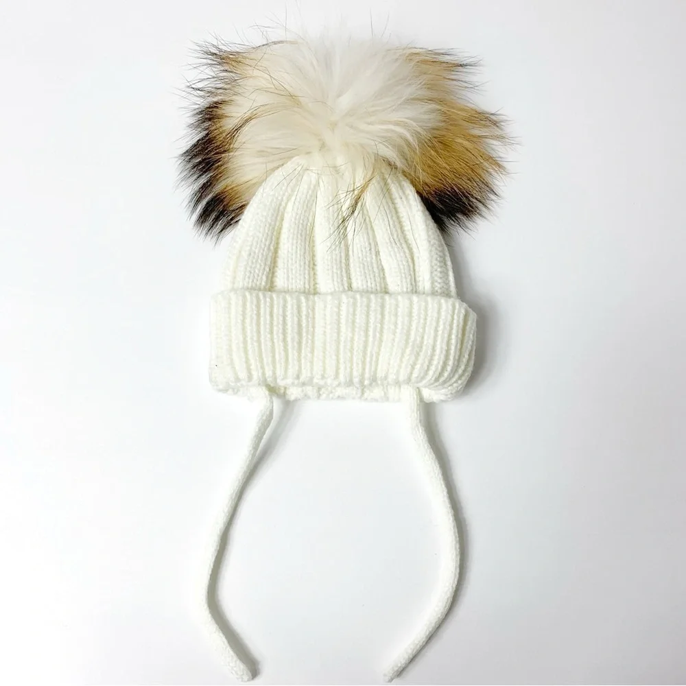 Cream Acrylic Pom Pom Beanie Kids size XS